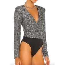 Image of NWT Bardot Siren Sequined V-Neck Silver Long Sleeve Bodysuit • Size 10