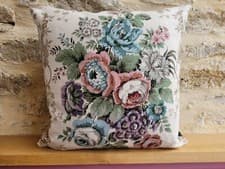 Image of Sanderson Malwood Traditional Floral Rose Linen & Soft Teal Velvet Cushion Cover