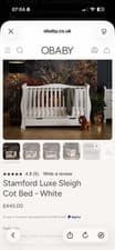 Image of Obaby Stamford Luxe Cot Bed with Drawer - Sleigh Style - Adjustable Base - White