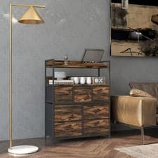 Image of Chest of Drawers 5 Fabric Drawer Dresser with Open Shelves, Grey Wood Effect