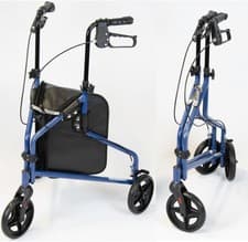 Image of NRS Healthcare 3 Wheel Steel Rollator Walker Walking Aid with Bag Blue