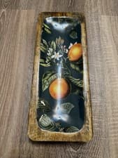 Image of Mango Wood And Enamel Rectangular Dish In Orange Tree And Blossom Design