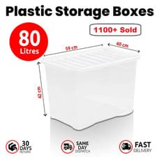Image of 80L Clear Plastic Storage Boxes With Lids Stackable Boxes Home Office Kitchen