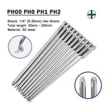 Image of Cross Head Phillips 50, 75, 100, 150, 200mm PH1 PH2 Screwdriver Bits 1/4" Driver
