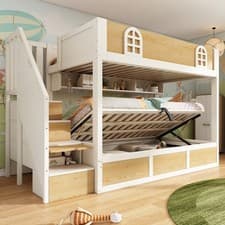 Image of Bunk Beds for Kids w/ Hydraulic Storage & Staircases, 90x190cm, Solid Wood Frame
