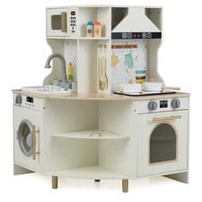 Image of COSTWAY Kids Play Kitchen Wooden Corner Kitchen Playset w/Working Faucet-Biege