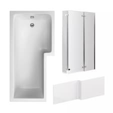 Image of L Shape 1700x850 Shower Bath Set - Front Panel & Chrome 3 Panel Center Hinge Scr