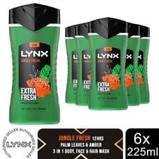 Image of Lynx 3in1 Body, Face & Hair Wash Shower Gel Extra Fresh Jungle Fresh 225ml, 6pk