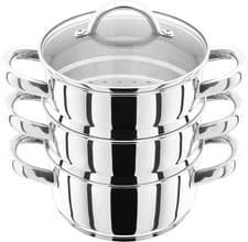 Image of Judge JX01 Stainless Steel 3 Tier Steamer Set with 16cm 600ml Casserole, 2 Stea