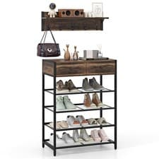 Image of COSTWAY Coat Rack Shoe Stand Set 5-Tier Shoe Rack w/Wall-Mounted Coat Rack-Brown