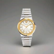 Image of Versace Greca Logo VEVH00620 Women's Quartz Watch Two Tone silver gold white.