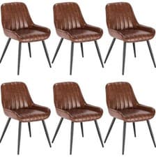 Image of Set of 6 Brown Leather Dining Chairs, Cushioned Seats, Metal Legs,
