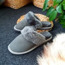 Image of Womens Genuine Sheepskin Slip on Mule Slippers Suede Leather Fur Collar Grey