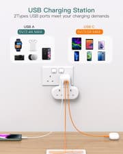 Image of Addtam Double Plug Extension with 3 USB Ports (2 USB-C), 2 Way Multi Plug Ada...