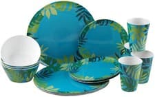 Image of Melamine Plastic Dinner Set - Blue Green Leaf Plate Cup Bowl (16 Piece Set)