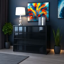Image of Black High Gloss 8 Drawer Chest – Modern Handleless Sleek Bedroom Storage