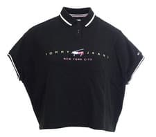 Image of Tommy Jeans Womens Black Polo Collar Crop Top DW09908 TJW BXY Modern Logo Polo