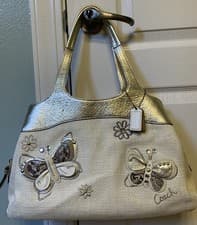 Image of Coach Lexi Ivory Straw Embroidery Butterfly Gold Leather HandBag 16584 NWOT 