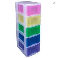 Image of Really Useful Storage Tower 5x12 Litre Drawers Clear Frame/Rainbow Drawers