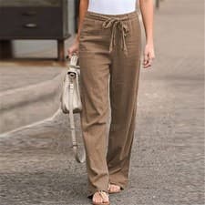 Image of Women Cotton Linen Trousers Straight Leg Casual Loose Summer Slacks Pants Plus
