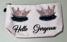 Image of Hello Gorgeous Makeup CosmeticBag Zipper Pouch Eyelashes Tiara Blush Pink NWOT
