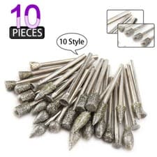 Image of 10Pcs Diamond Coated Grinding Head Burr Drill Bit Mix Set 3mm Shank Rotary Tools