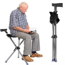 Image of Folding Walking Stick Seat Adjustable Aluminium Cane Chair Black |GO