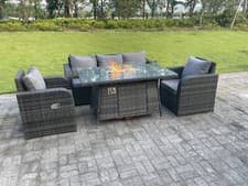Image of Fimous 6 Option Rattan Garden Furniture Sets Reclining Gas Fire Pit Dining Table