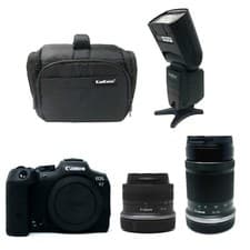 Image of Canon R7 Mirrorless Camera + RF-S 18-45mm + RF-S 55-210mm lenses + Bag + Flash