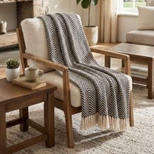 Image of Cotton Herringbone Throw Large Charcoal Fringe Tassel Sofa Bed Chair Blanket New