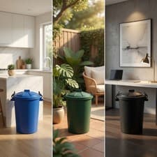 Image of 3 x Plastic 50L Dustbin Storage Heavy Duty Locking Lids, Dark Green Blue & Black