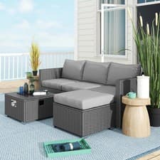 Image of 5Piece Garden Rattan 4Seater Sofa Set Gas Fire Pit Table Footstool Outdoor Patio