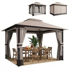 Image of Outsunny 3 x 3.6 m Outdoor Garden Gazebo with Netting, Curtains, Khaki