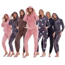 Image of Ladies Supersoft Warm Flannel Fleece Hooded Pyjamas Twosie Lounge Wear Gift Set