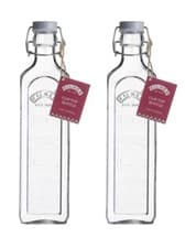 Image of 2 x 1L Kilner Clip Top Preserve Bottle Clear Glass Square Shape Grey Lid 1000ml