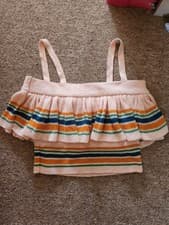 Image of ASOS Size 10 Pink Knit Stripe Crop Top Bardot Off The Shoulder Frill Ruffle