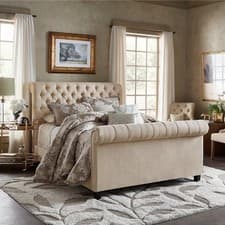 Image of Sleigh bed Scroll Fabric Bed Frame Upholstered Chesterfield Velvet - Smooth