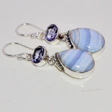 Image of Gemstone Earring Blue Lace Agate Handmade Sterling Silver 925 Jewelry 1.8"