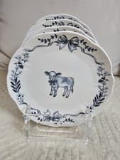 Image of Blue Easter Animal Cow Toile Salad Plates Set of 4 Conquette Bow Ceramic 8.5 In