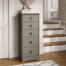 Image of Corona Classic Pine 5 Drawer Narrow Chest, Grey Antique Wax, Solid Wood, Storage