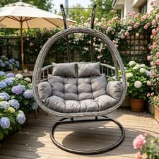 Image of Fimous Outdoor Garden PE Rattan Single or Double Egg Hanging Chair With Cushion
