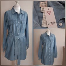 Image of BNWT - GUESS size M Blue Denim Long Sleeve Belted Shirt Dress NEW w TAGS