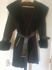 Image of Black Karen Millen Faux Suede Fur Trim Coat Size 14