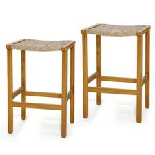 Image of Set of 2 Bar Stools Bar Chairs Acacia Wood Frame PE Wicker Saddle-Seat