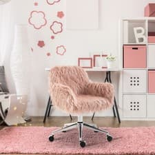 Image of Swivel Faux Fur Office Chair, Vanity Chair w/ Adjustable Height, Wheels, Pink
