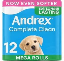 Image of Andrex Complete Clean Toilet Tissue; 12 Mega Toilet Rolls =18 Standard Loo Rolls