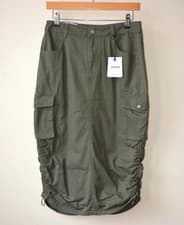 Image of EX NEW LOOK KHAKI GREEN DENIM DRAWSTRING RUCHED SIDES CARGO MIDI SKIRT SIZE 8-18