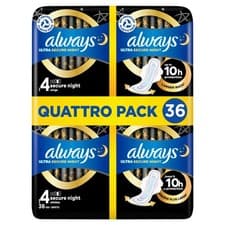 Image of Always Ultra Night Size 4 Sanitary Towels Pads Quattro Packs with wings, 36 Pads