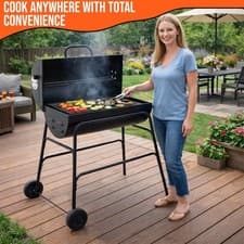 Image of Oil Drum Charcoal BBQ Smoker Grill Barbecue with temprature gauge Wheel Portable