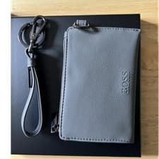 Image of HUGO BOSS Grey Leather Men's Wallet with Zip, Card Slots, Logo Accent